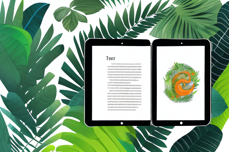 A self-published book placed on a digital tablet surrounded by amazonian jungle elements