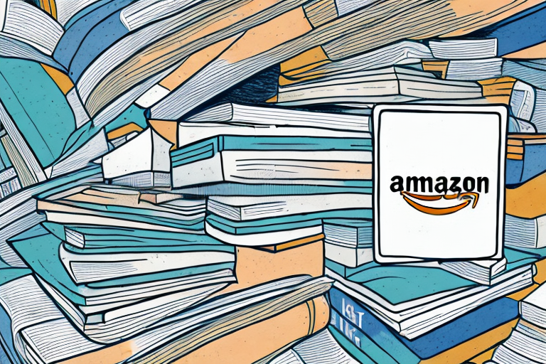 A stack of various public domain books next to an amazon-branded shipping box