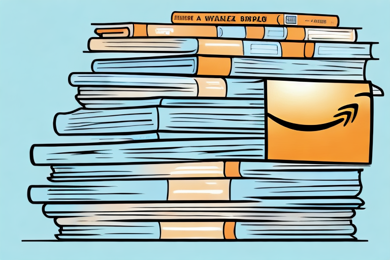 A stack of various books next to a stylized