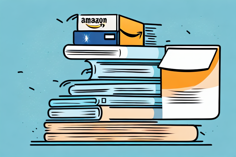 A stack of various books next to a stylized amazon box