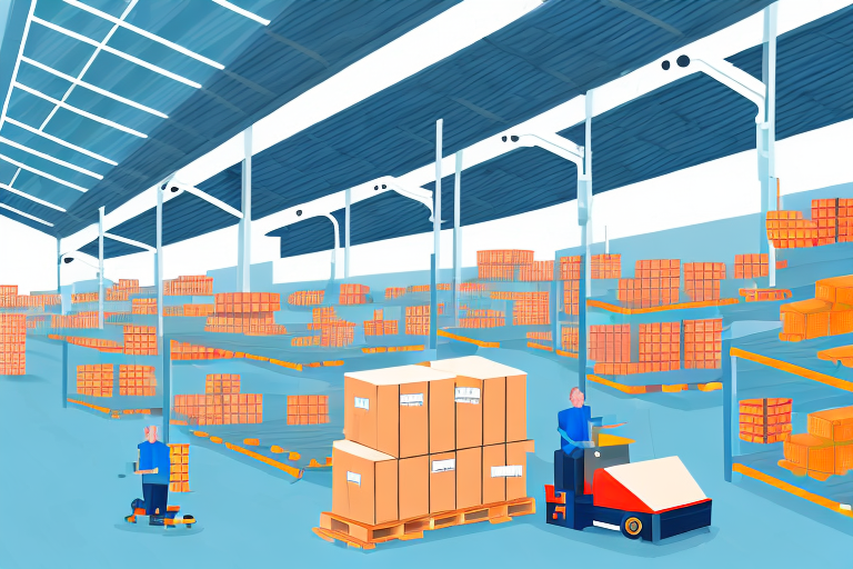 A warehouse full of various packaged goods with a conveyor belt system