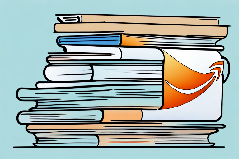 A stack of various books next to a stylized