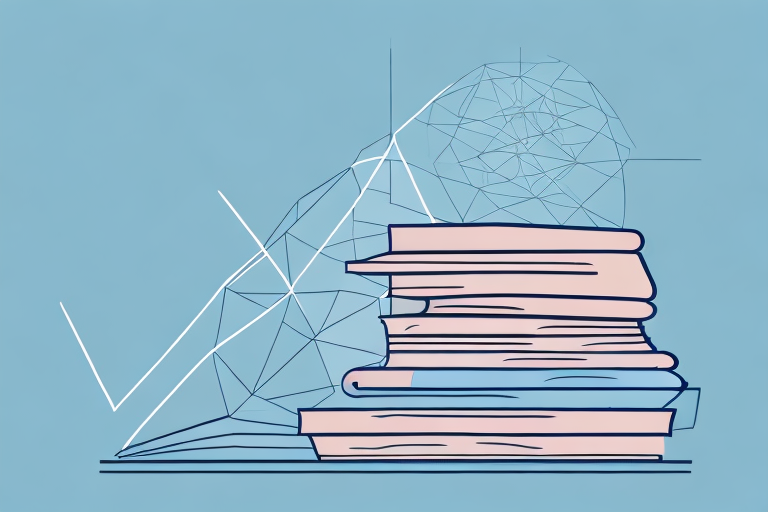 A stack of various books with a rising graph in the background