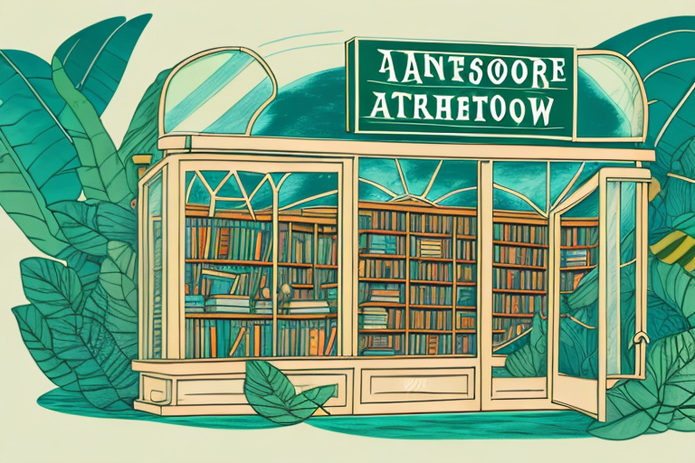 A vintage bookstore with an amazon rainforest reflected in the window