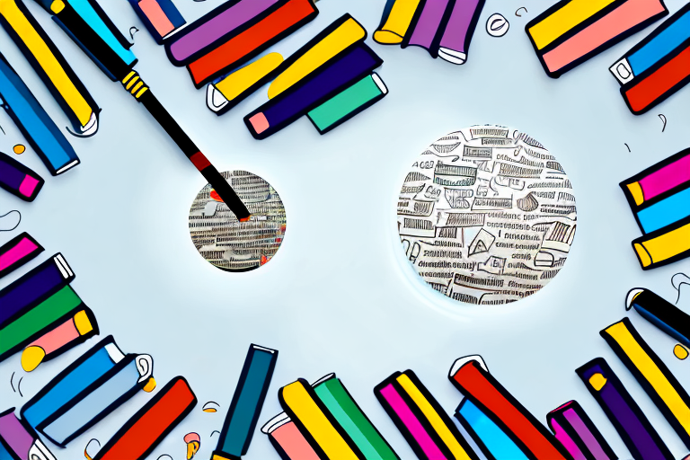 A magnifying glass hovering over a pile of diverse books