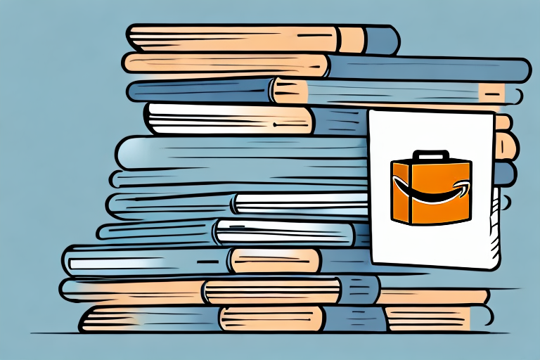 A stack of various types of books next to a stylized amazon box