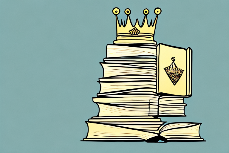 A towering stack of books with a golden crown at the top