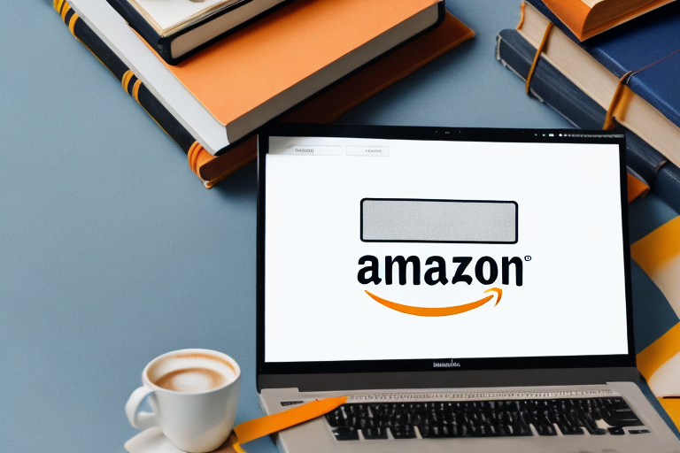 A stack of old books next to a laptop displaying amazon's homepage