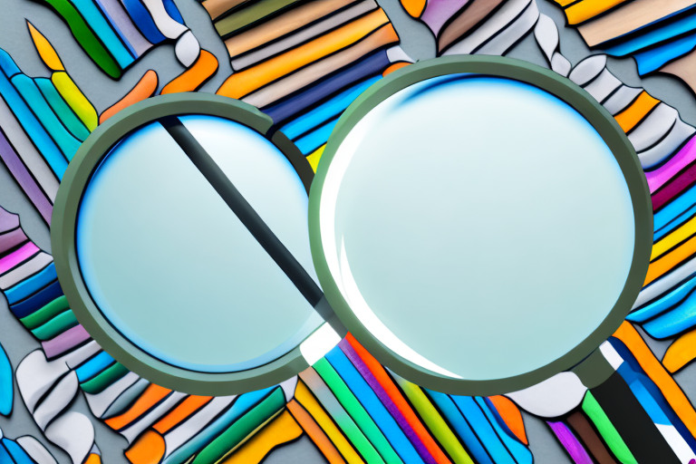 A magnifying glass hovering over a pile of variously shaped and colored books