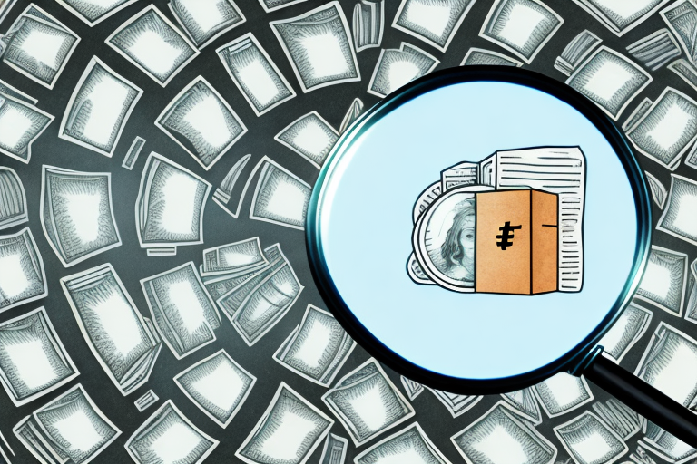 A magnifying glass hovering over a stack of books with dollar signs and amazon symbols subtly incorporated into the design