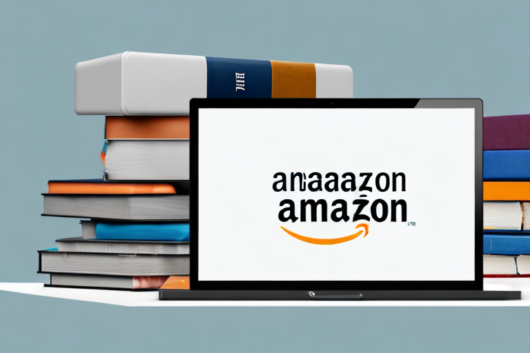 A stack of books next to a laptop displaying an amazon webpage