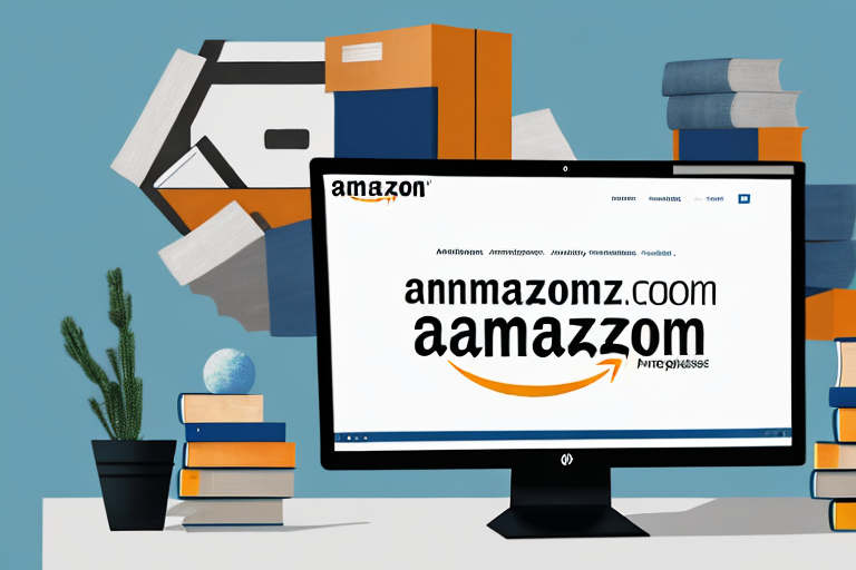 A stack of freshly printed books next to a computer displaying amazon's homepage