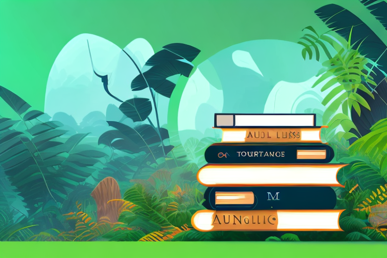 A stack of audio books next to a stylized amazon-inspired jungle scene