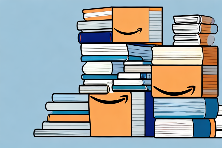 A stack of various books next to an amazon-branded shipping box and a barcode scanner