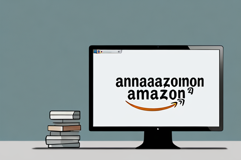 A stack of books next to a computer with amazon's website displayed on the screen