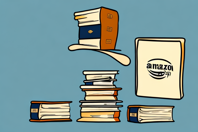 A stack of various books next to a stylized amazon box