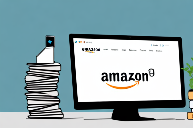 A stack of books next to a computer with amazon's website on the screen