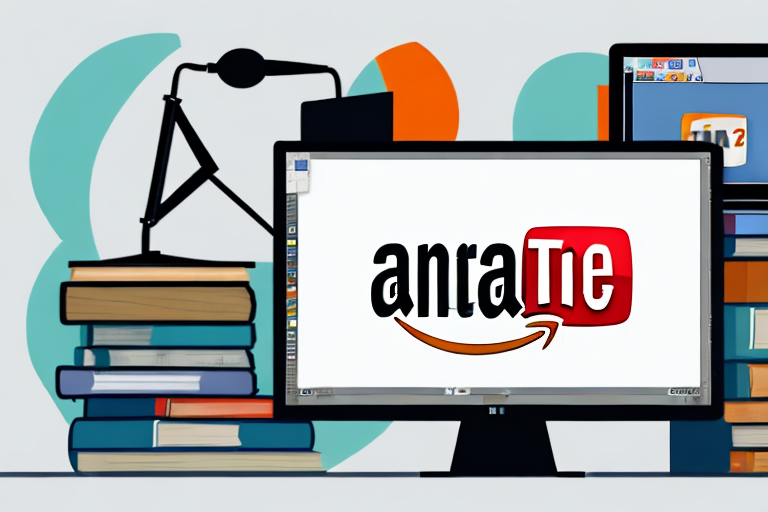 A stack of assorted books next to a computer screen displaying a youtube interface and an amazon webpage