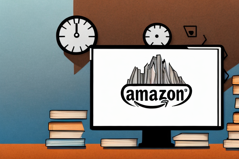 A stack of old books next to a computer with amazon's website displayed on the screen