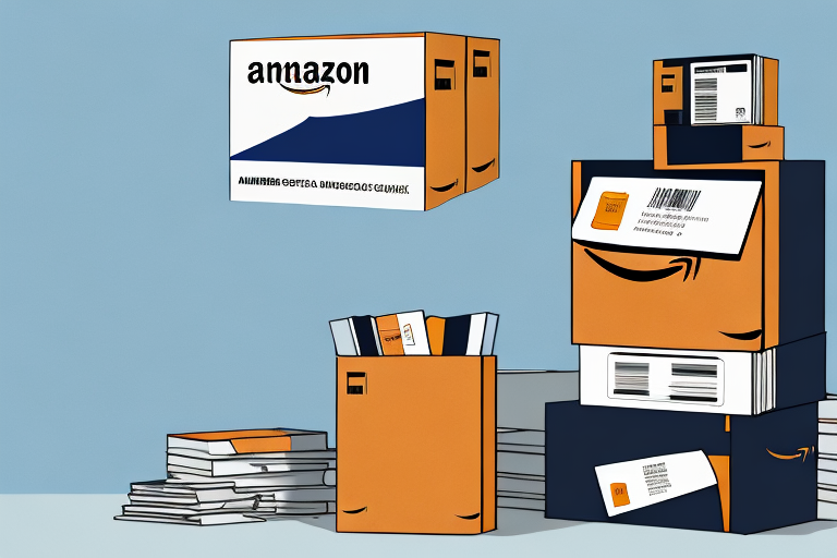 A stack of various paperback books next to an amazon delivery box