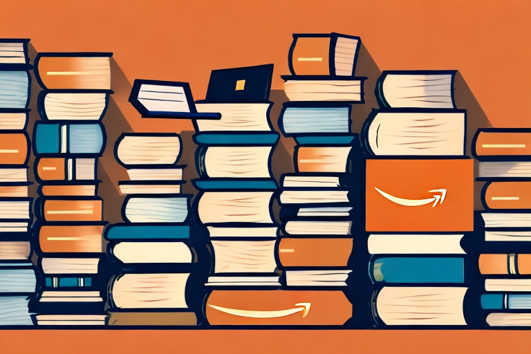 A stack of various used books next to a stylized amazon box