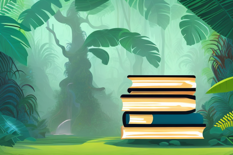 A stack of books next to a stylized