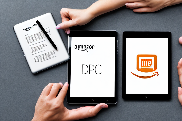 A pdf book next to an amazon-branded tablet