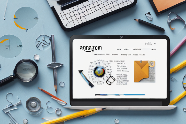 A computer screen displaying an amazon product page with a magnifying glass focusing on the product description