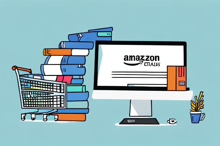 A stack of books next to a computer mouse and a shopping cart