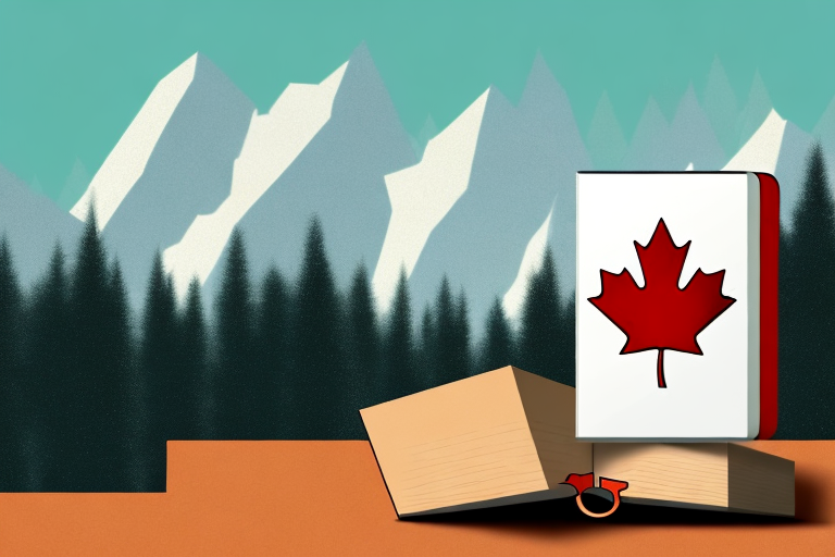 A stack of various types of books next to a stylized amazon box with a canadian maple leaf on it