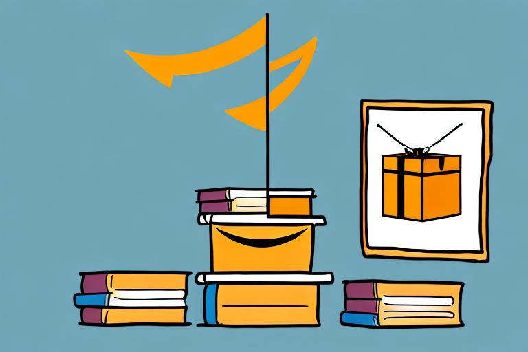 A stack of various books next to a box labeled with the amazon arrow