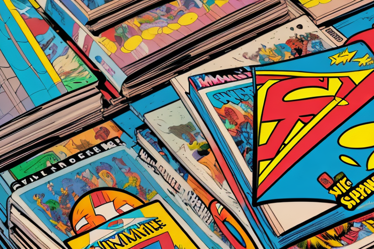 A stack of colorful comic books next to a stylized amazon box