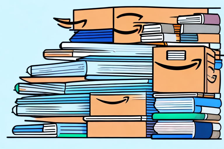 A stack of used books beside an amazon shipping box