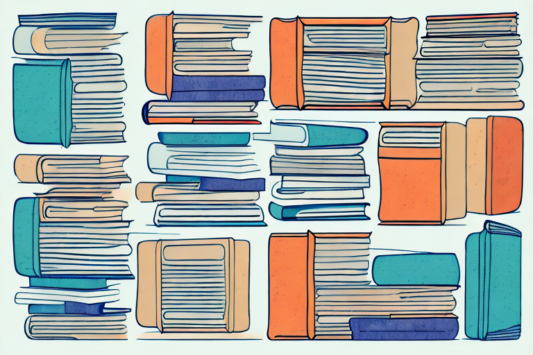 A stack of varied books next to a stylized