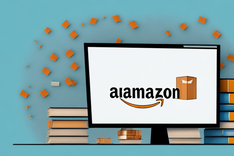 A stack of various types of books next to a box labeled with amazon's arrow symbol