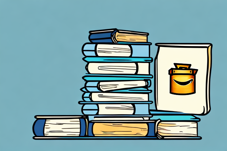 A stack of various books next to a stylized amazon box