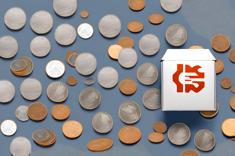 A stack of coins next to a cardboard box with a barcode