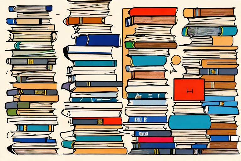 A pile of various used books next to a stylized