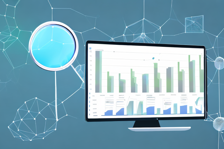 A magnifying glass hovering over a 3d bar graph representing sales data