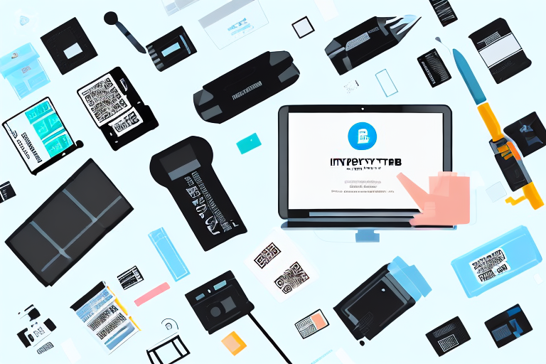 An inventory lab barcode scanner surrounded by various items like boxes