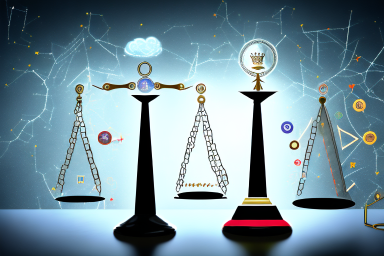 A balanced scale with the left side labeled with a plus sign (indicating pros) showing various symbols of success like a trophy