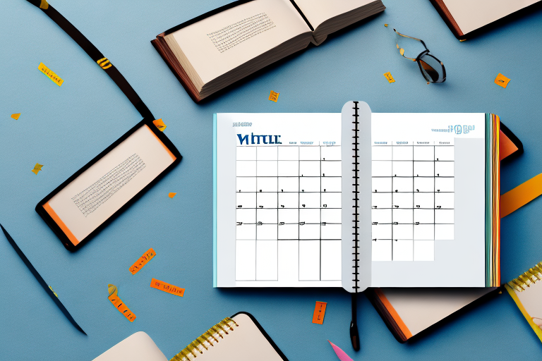 A stack of variously shaped books with a 2014 calendar and an amazon-themed bookmark peeking out from one of the books