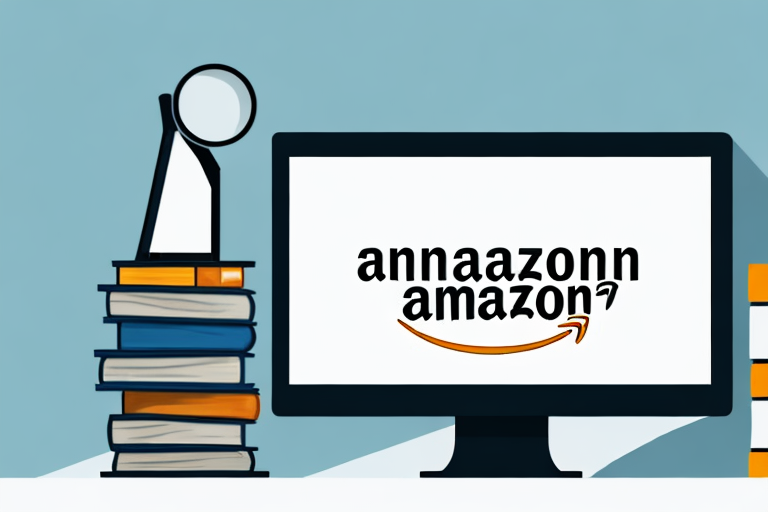 A stack of various books next to a computer with the amazon website displayed on the screen