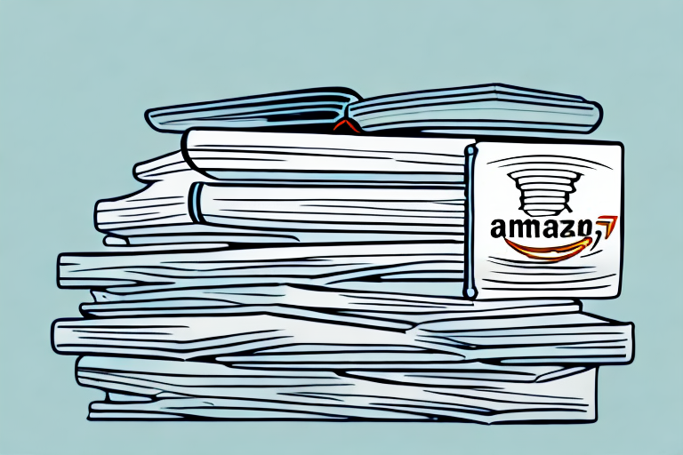 A stack of various books with visible isbn numbers and a stylized amazon icon in the background