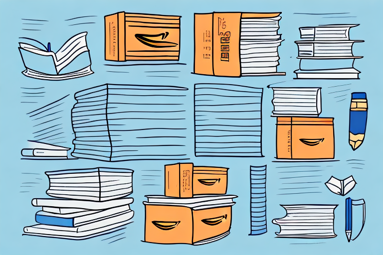 A stack of various textbooks next to a stylized version of an amazon shipping box