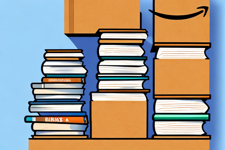 A stack of various books next to an amazon shipping box