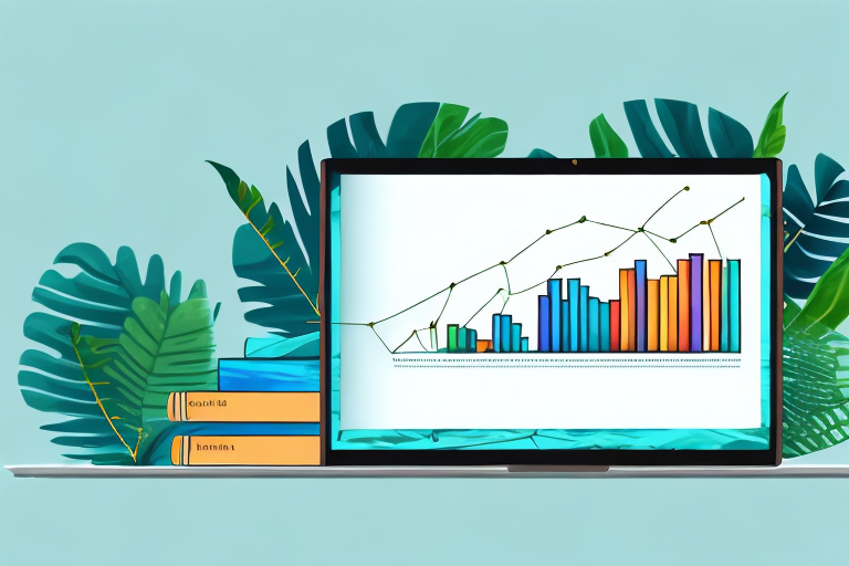 A stack of books next to a laptop displaying a bar chart