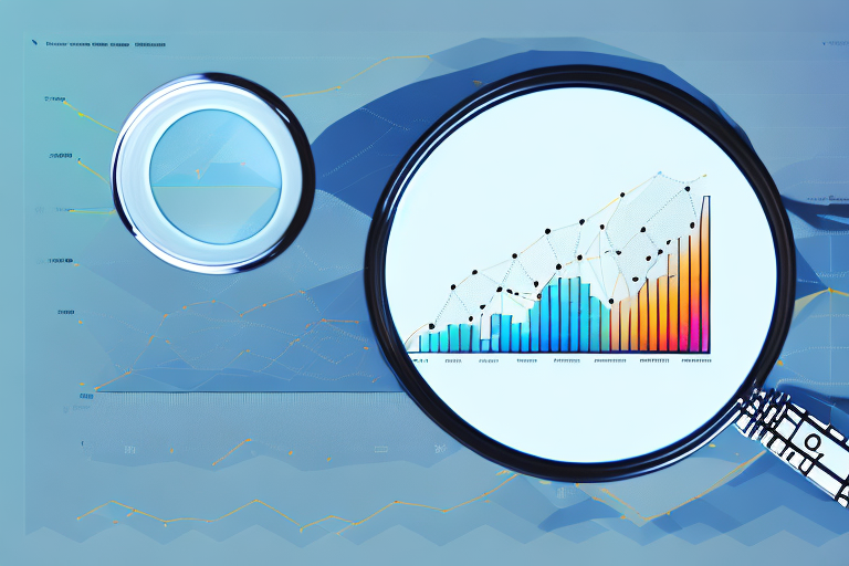 A magnifying glass focusing on a computer screen displaying a bar graph and pie charts