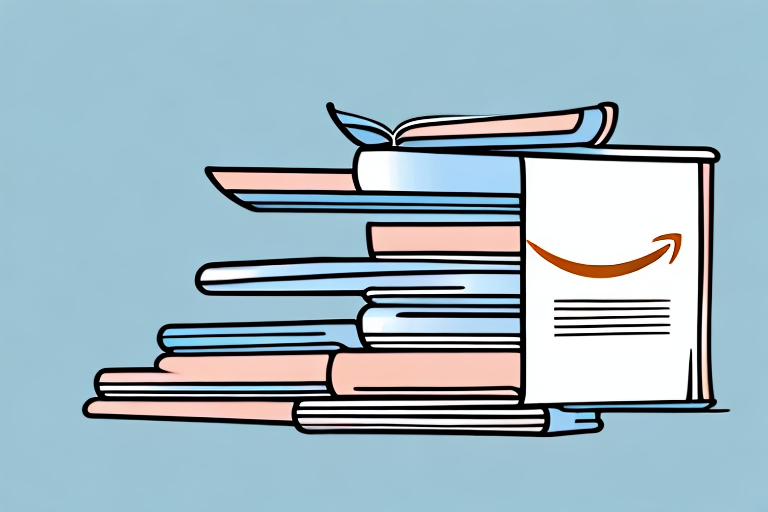 A stack of various books with an amazon box and a sales graph in the background