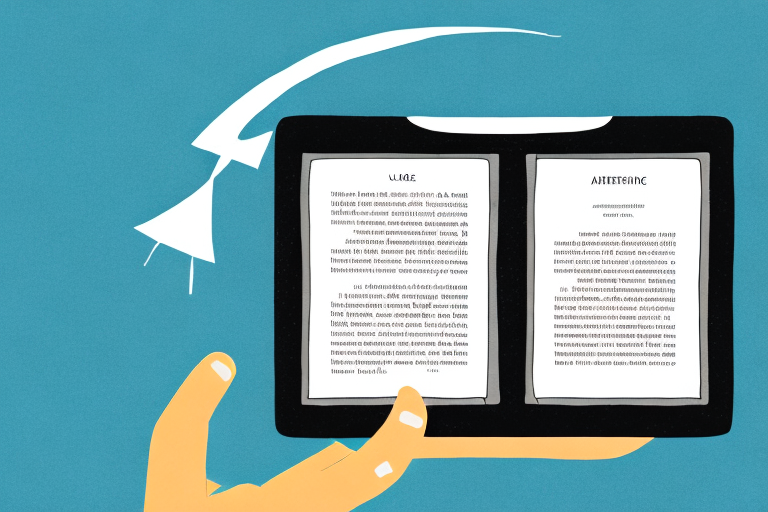 A kindle e-reader with books appearing to be transferred back into the amazon website symbolized by an arrow